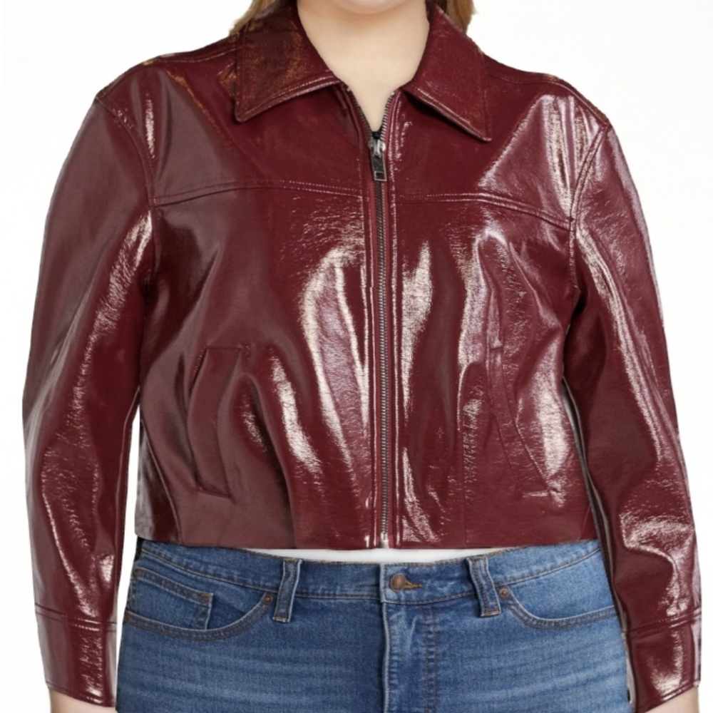 NWOT Scoop Crinkle Faux Patent Leather Cropped Bomber Jacket Size XXL